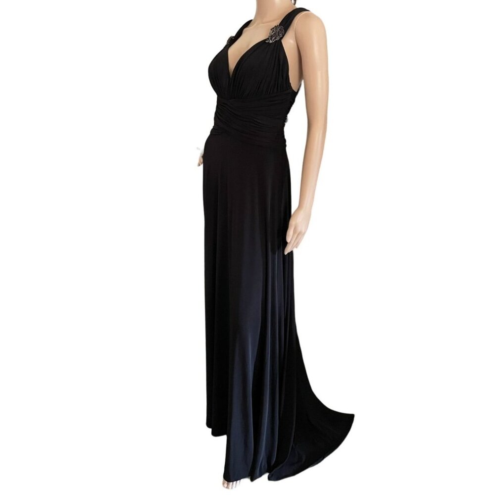 Elegant JS Boutique Black Evening Gown Size 8 w/Train and Jeweled Pins on Straps